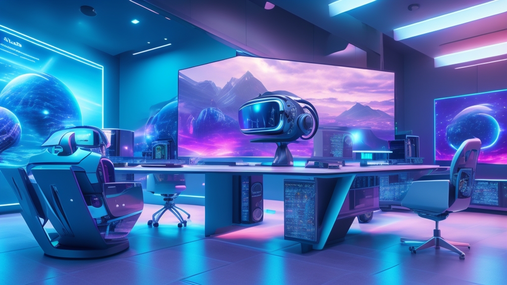 Futurisztikus gaming setup VR headsettel, AR kijelzőkkel, cloud gaming felülettel és holografikus displayekkel modern high-tech környezetben